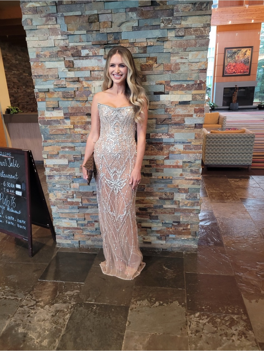 Strapless Sequin-Embellished Evening Gown in Nude Blush